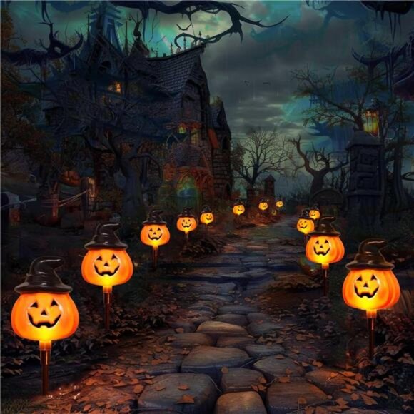 6 Pack Solar Jack O Lantern Stake String Lights - Orange Halloween Pathway - Picture 5 of 8